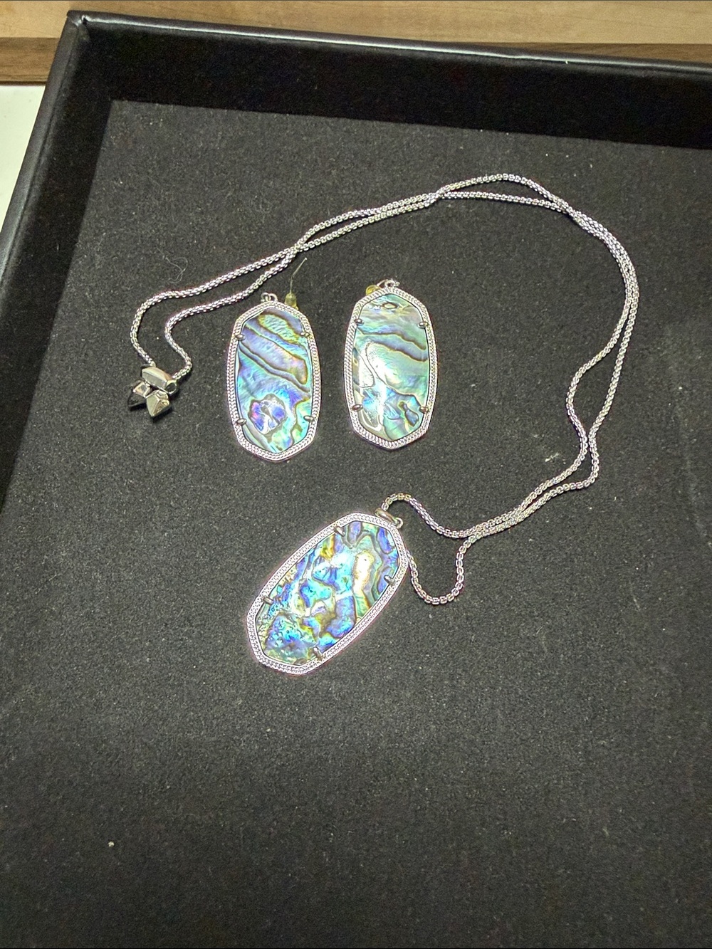 Abalone Shell Pendant Necklace and Earrings Set - Iridescent Blue-Green